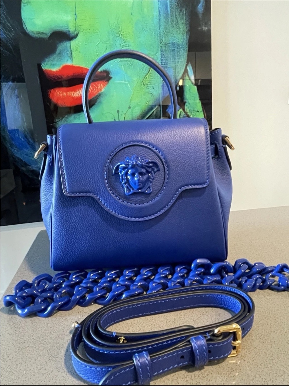 Versace La Medusa Medium Top Handle Vitello Bag BLUE$2300